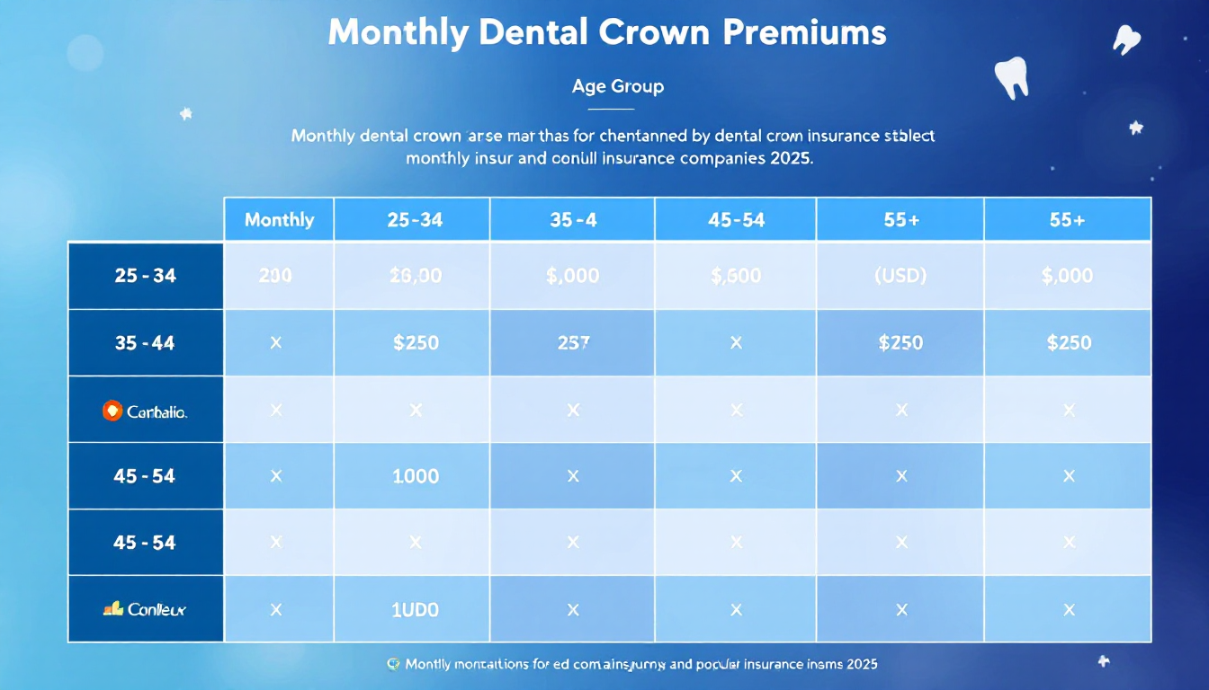 2025년 연령대별 및 보험사별 치과 크라운 보험료 비교 표를 보여주는 인포그래픽 이미지