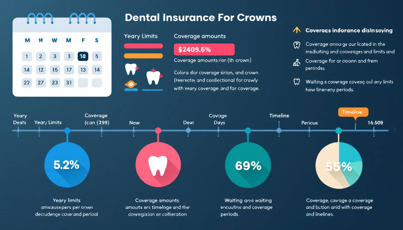 크라운 치료 보험 보장의 연간 개수 제한과 면책, 감액 기간을 설명하는 인포그래픽 스타일 이미지