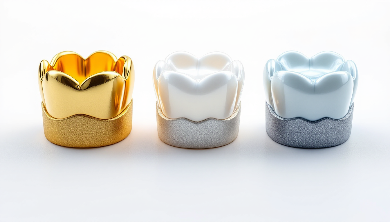금크라운, 지르코니아, PFM 등 치과 크라운 종류를 보여주는 고화질 이미지