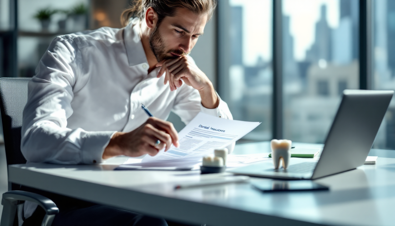 치과 크라운 치료 보험료에 대해 고민하는 사람과 치과 보험 서류, 치과 크라운 모형