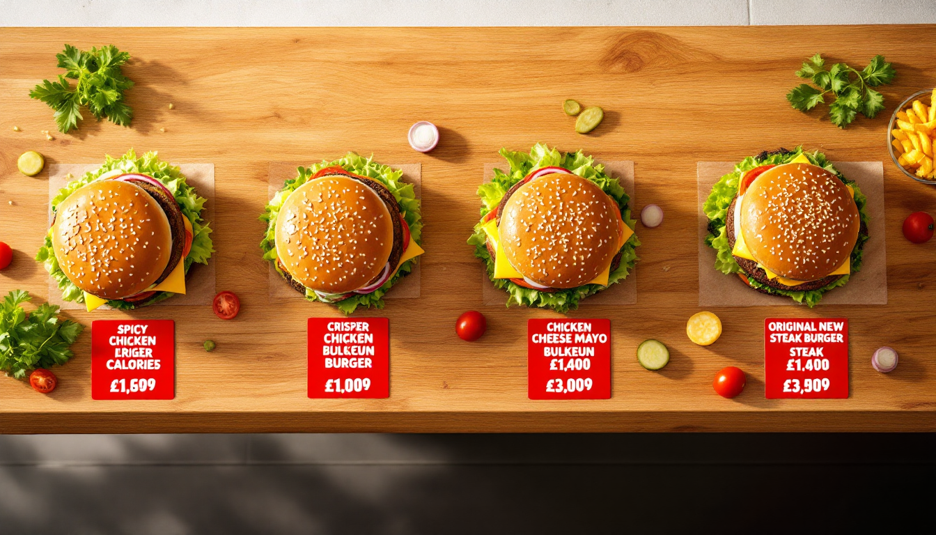 2025년 버거킹 신메뉴 햄버거들이 칼로리 표시와 함께 나열된 모습