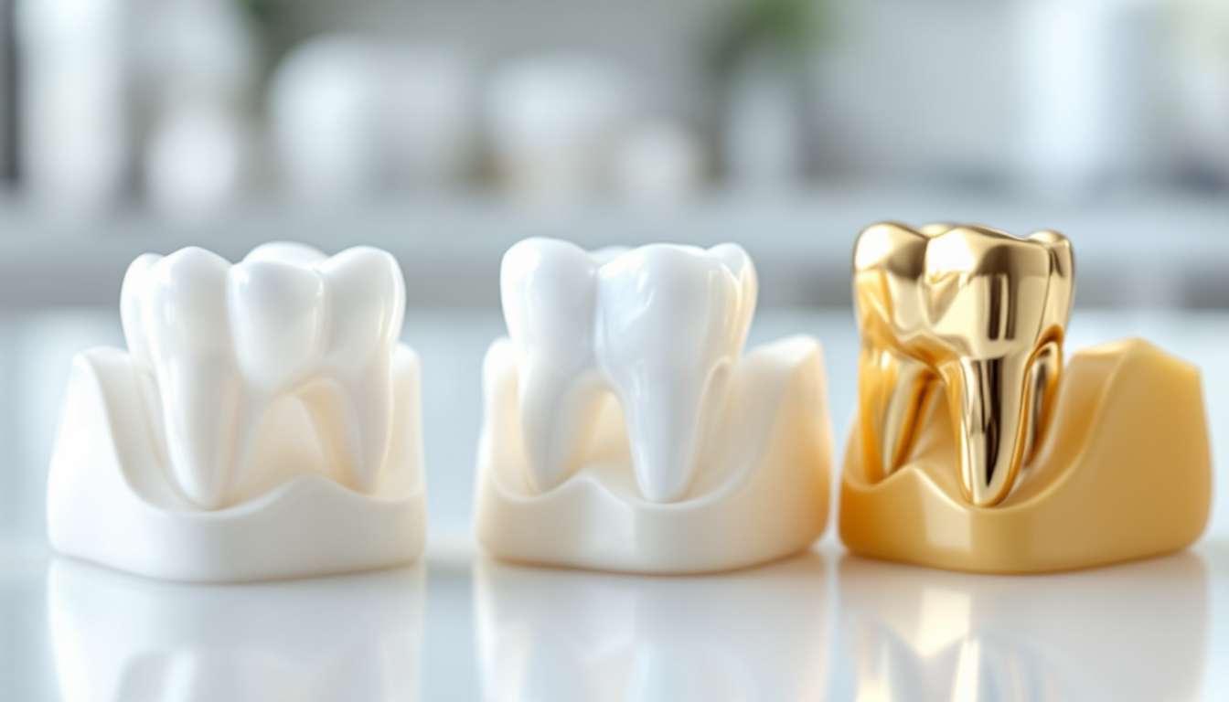 지르코니아, PFM, 금니 등 다양한 크라운 재료들이 치아 모형 위에 실제처럼 표현된 이미지