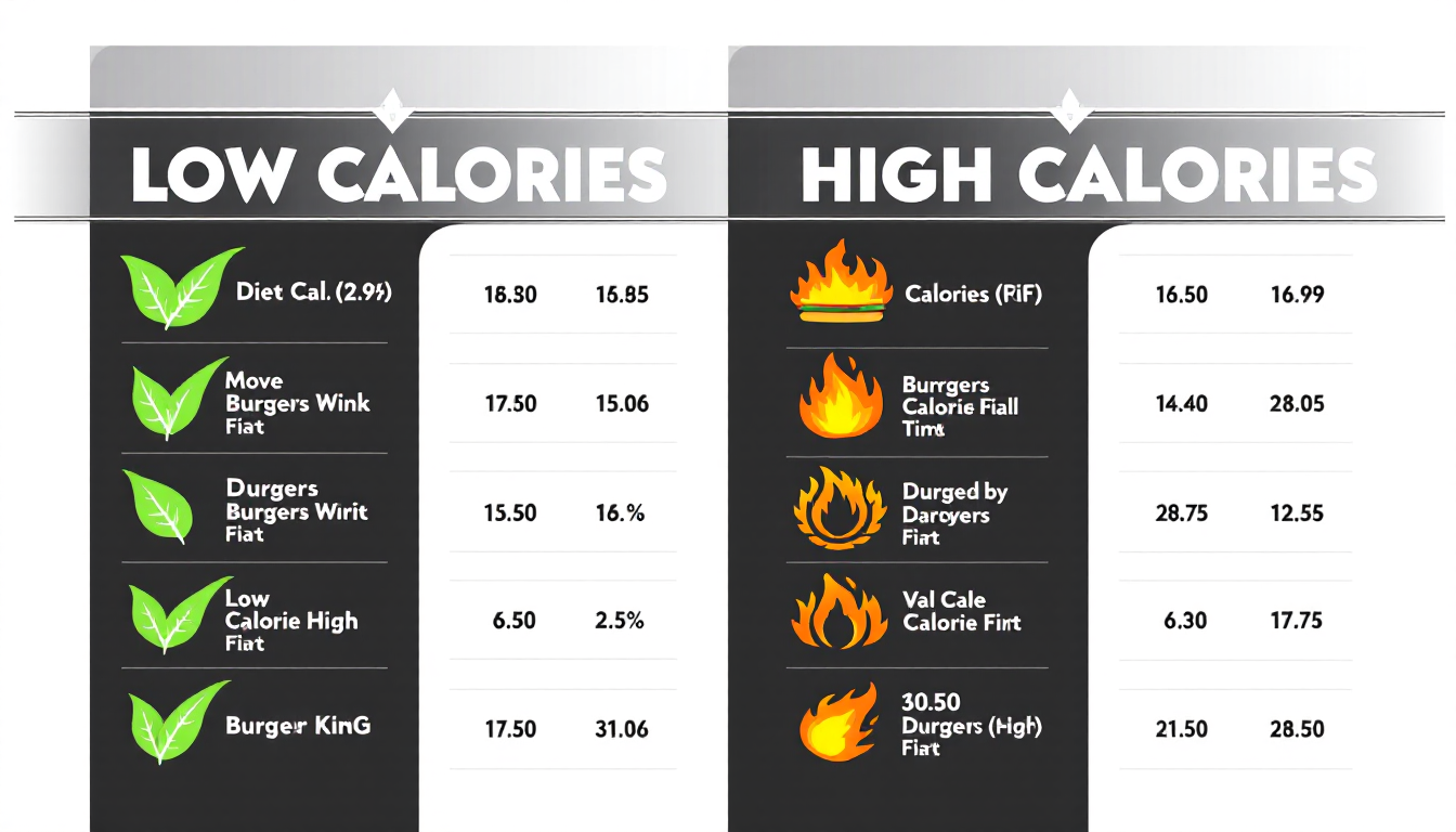 버거킹 저칼로리 및 고칼로리 메뉴 칼로리 순위 차트